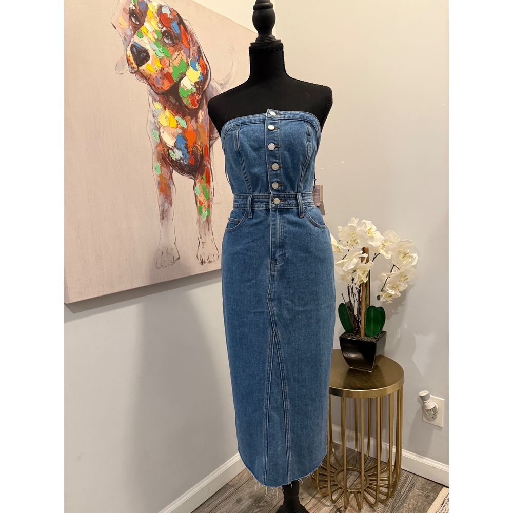 Sincerely Jules Strapless Denim Midi Dress Medium Wash Button Front XS NWT